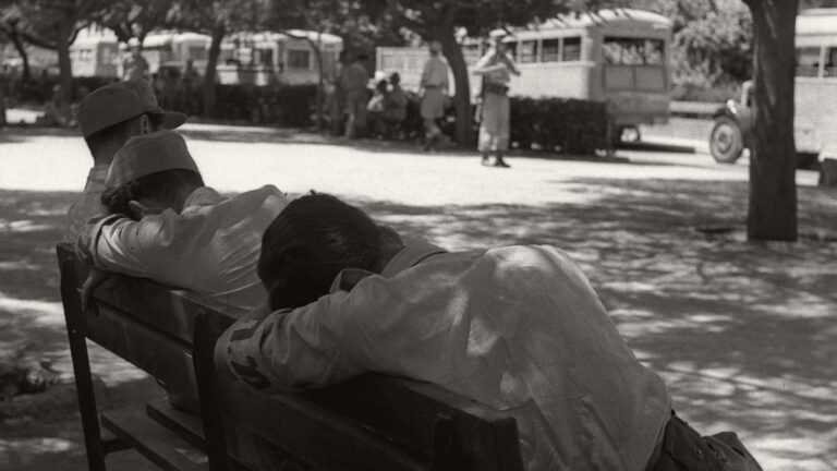 גברים עייפים ישנים על ספסל בתל אביב, 1948