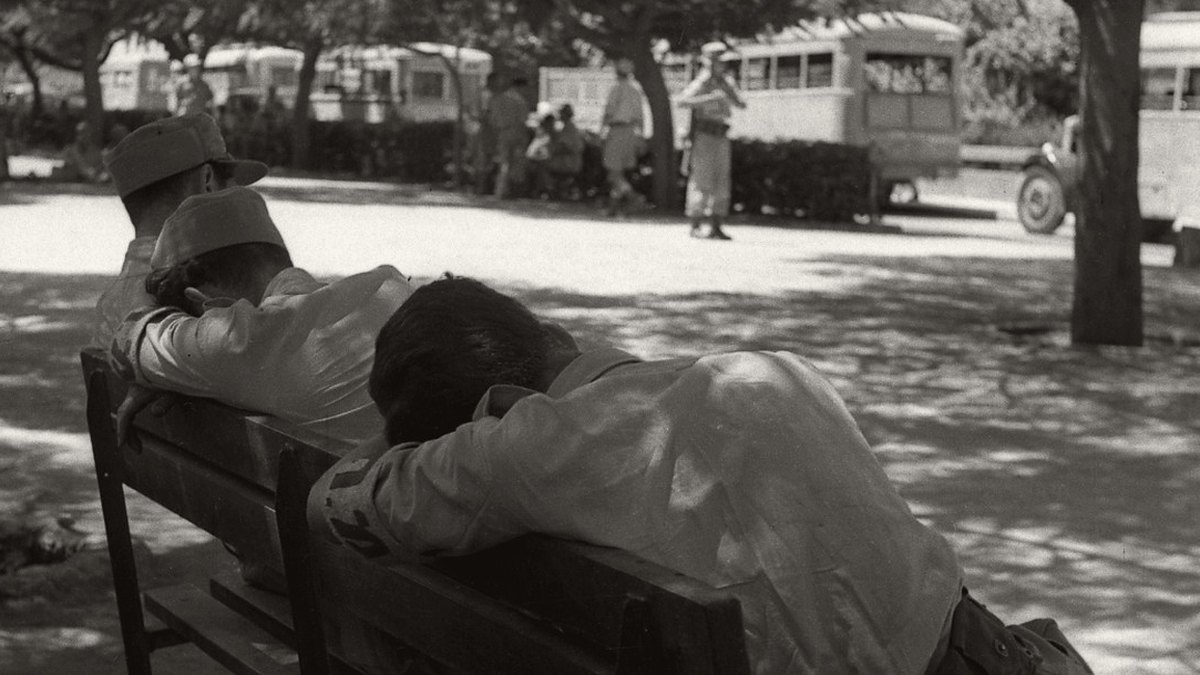 גברים עייפים ישנים על ספסל בתל אביב, 1948